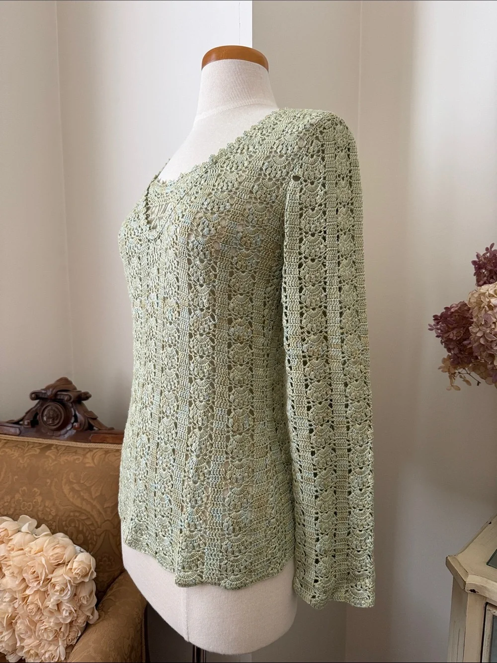 Light Sage/khaki Crochet Knit Long Sleeve Top